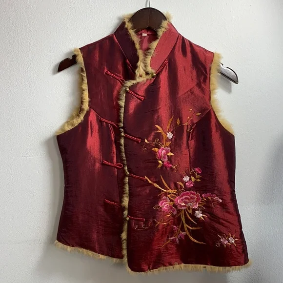Antique Floral Embroidered Burgundy Silk Vest with Golden Fur Trim, frog toggles - Picture 5 of 12